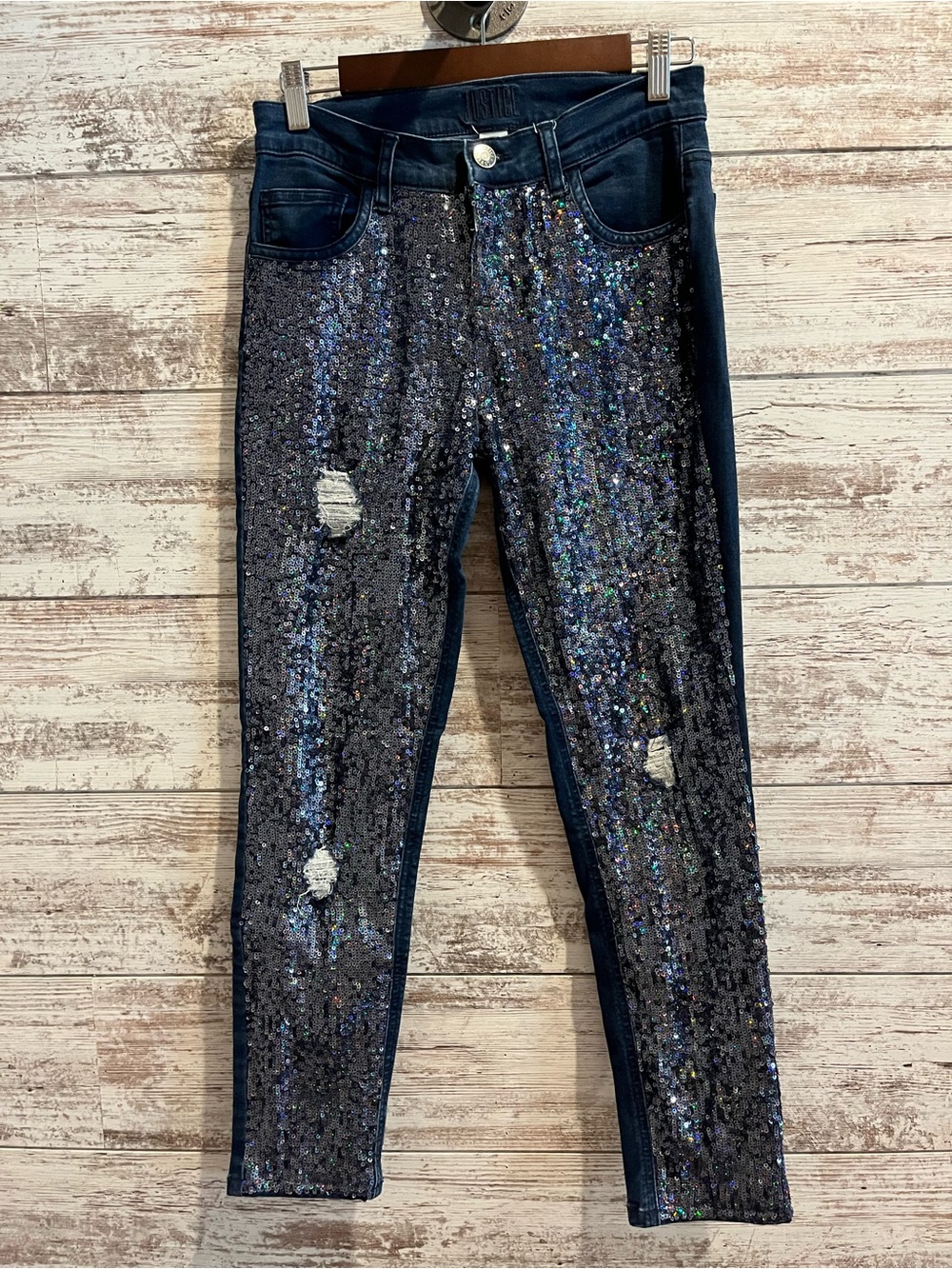 Justice Navy Sequin Mid-Rise Super Skinny Jeans
